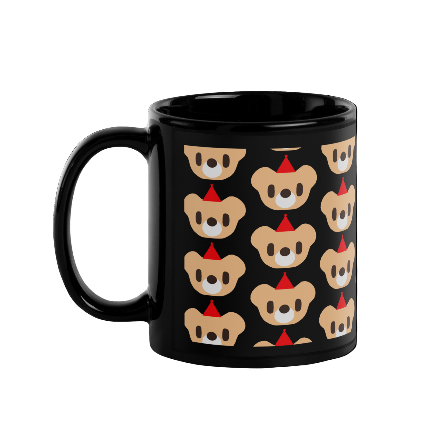 Black mug with teddy bear pattern on a white background