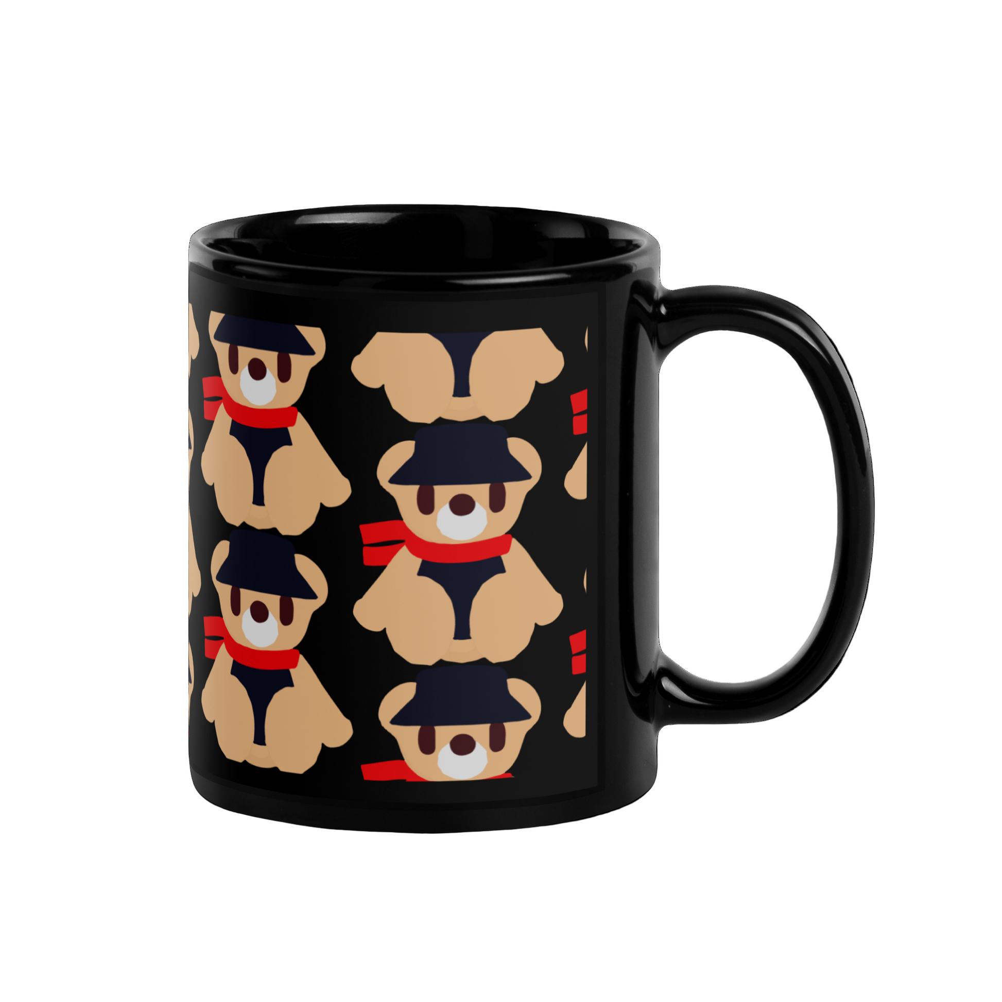 Black mug with teddy bear pattern on a white background