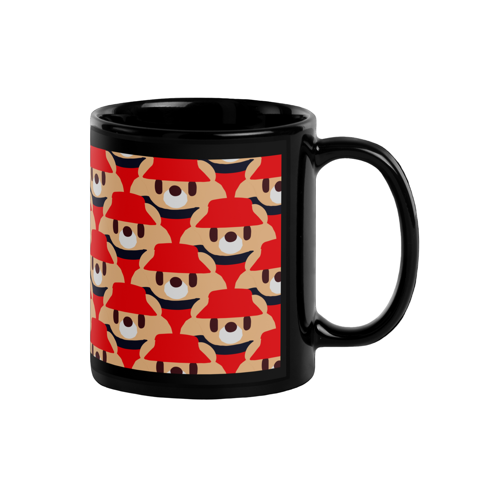 Black mug with red and beige pattern on a white background